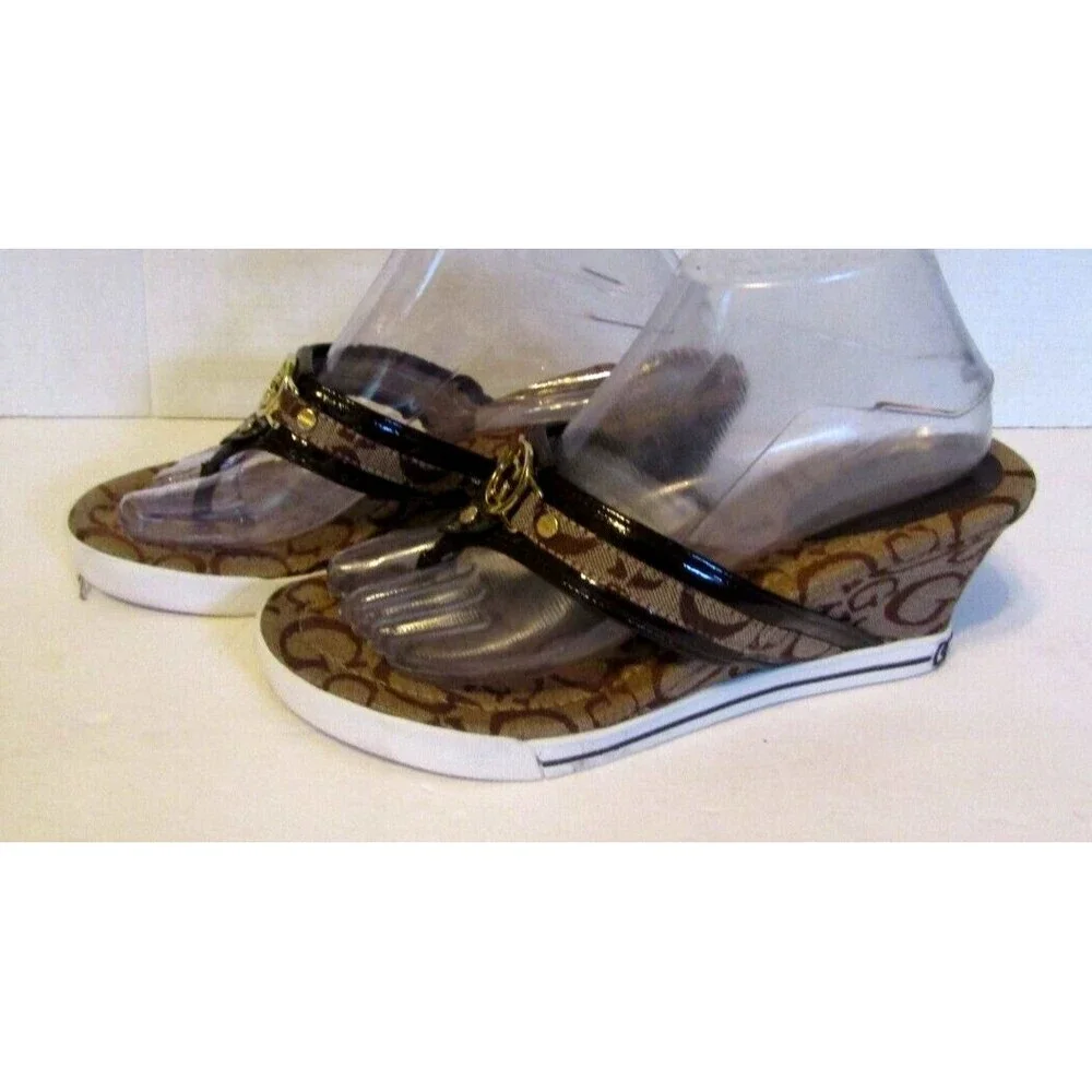 Guess Signature Sandals Brown Wedge Heels Canvas Leather Slip On Size 8M